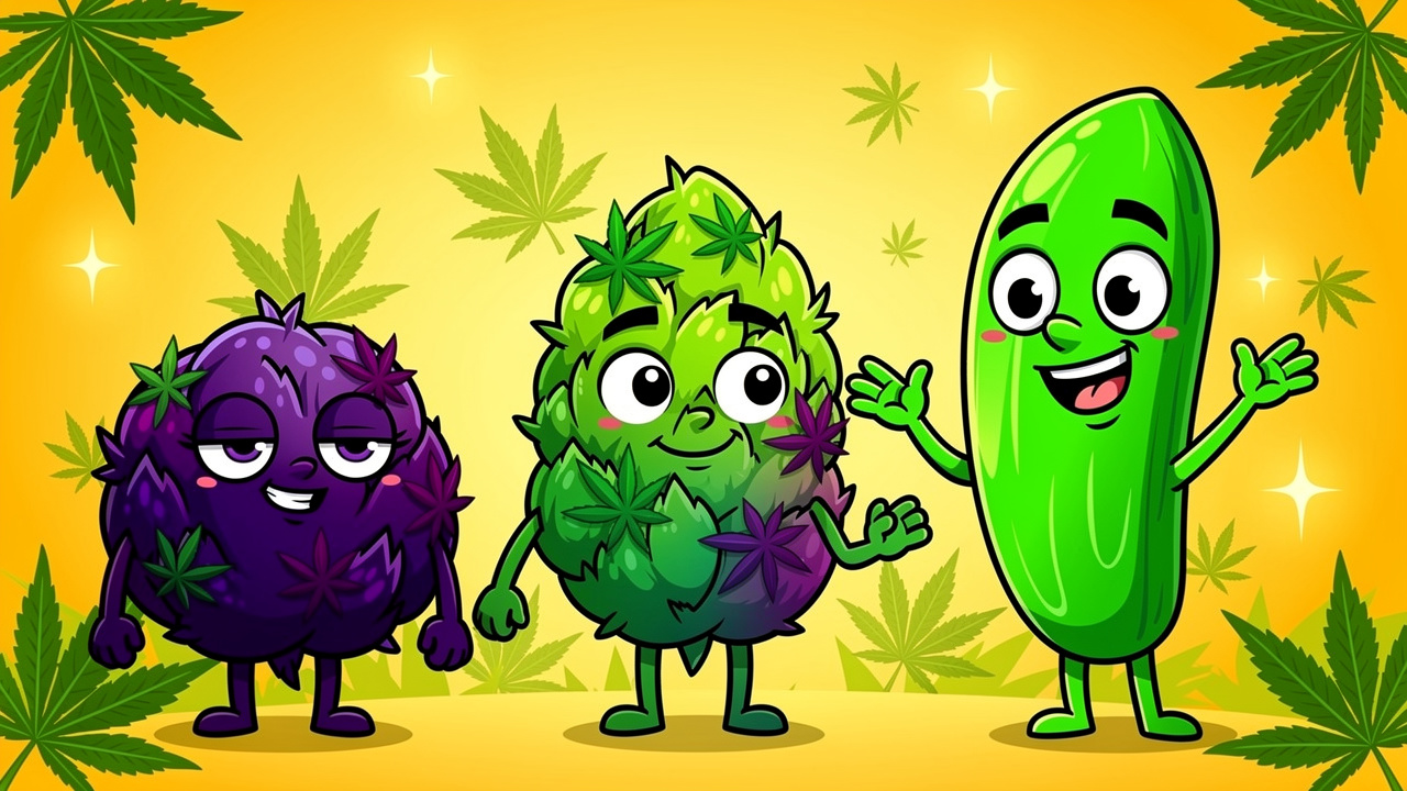 Cartoon cannabis strains showing indica, sativa, and hybrid characters