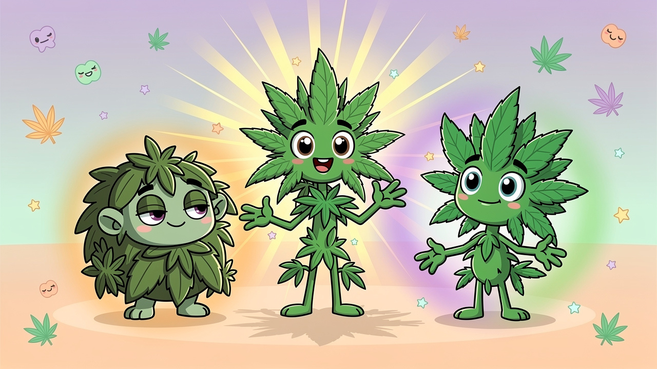 Cartoon Indica Sativa and Hybrid cannabis strain characters smiling