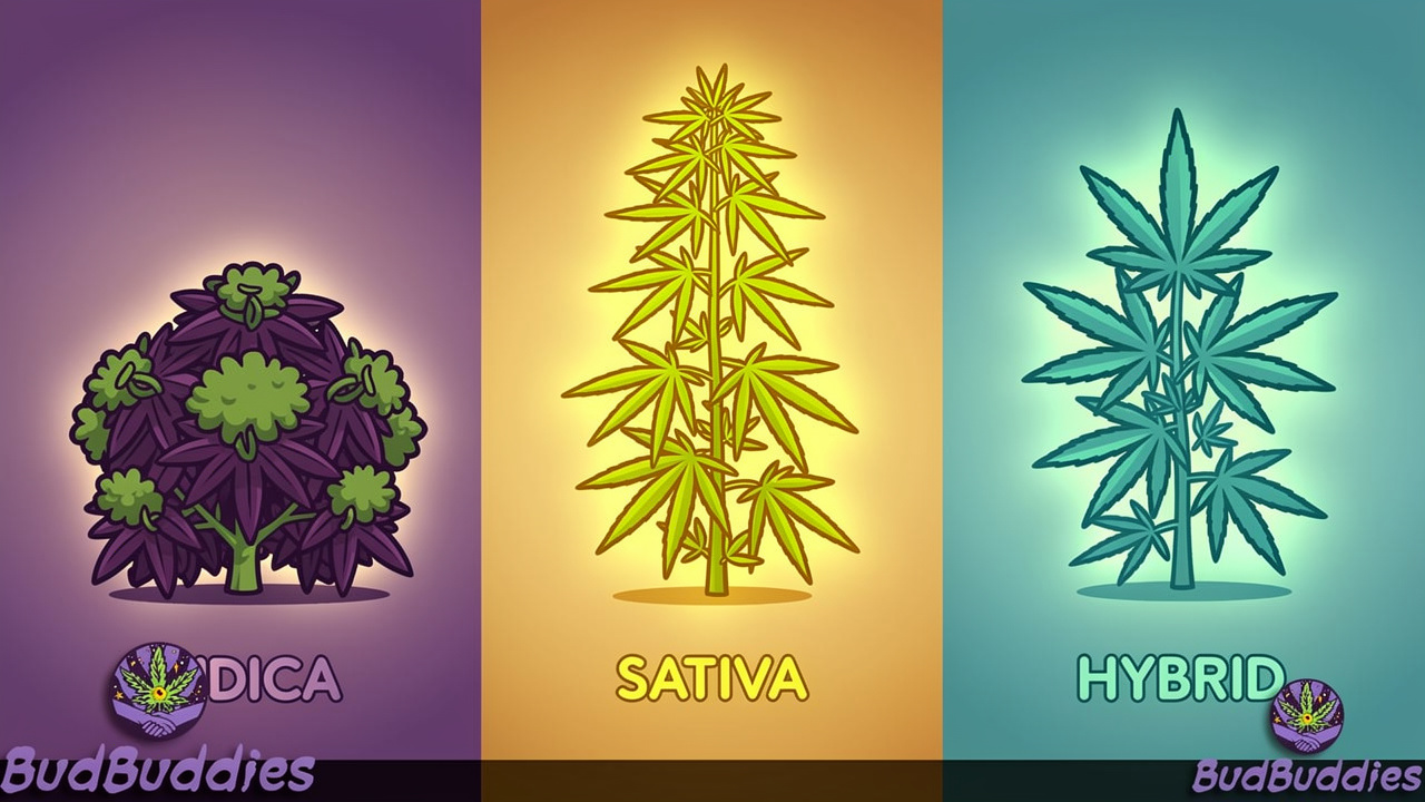 Three colourful cartoon cannabis plant types illustrated