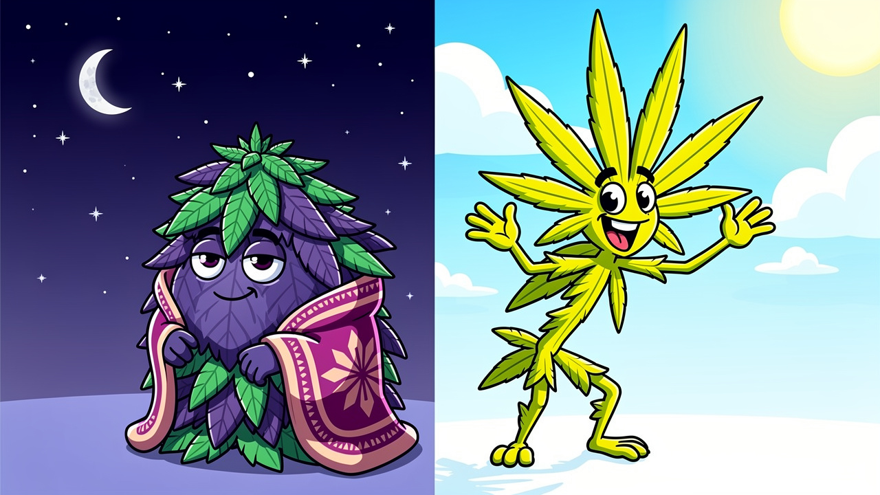 Cartoon showing indica versus sativa cannabis characters