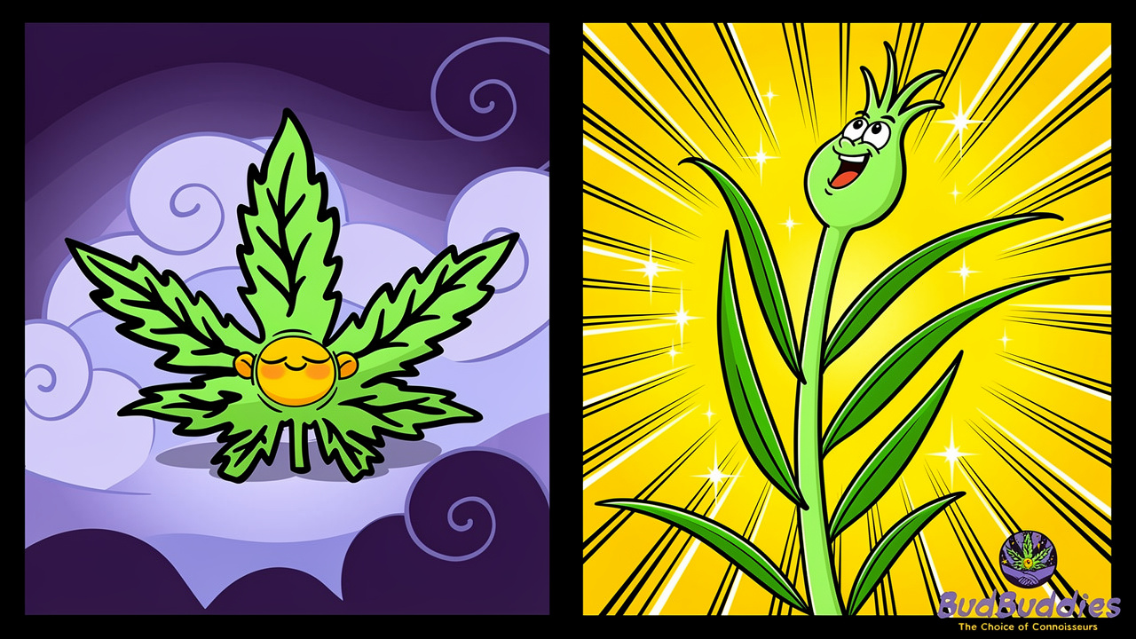 Cartoon comparison of indica and sativa plant characters