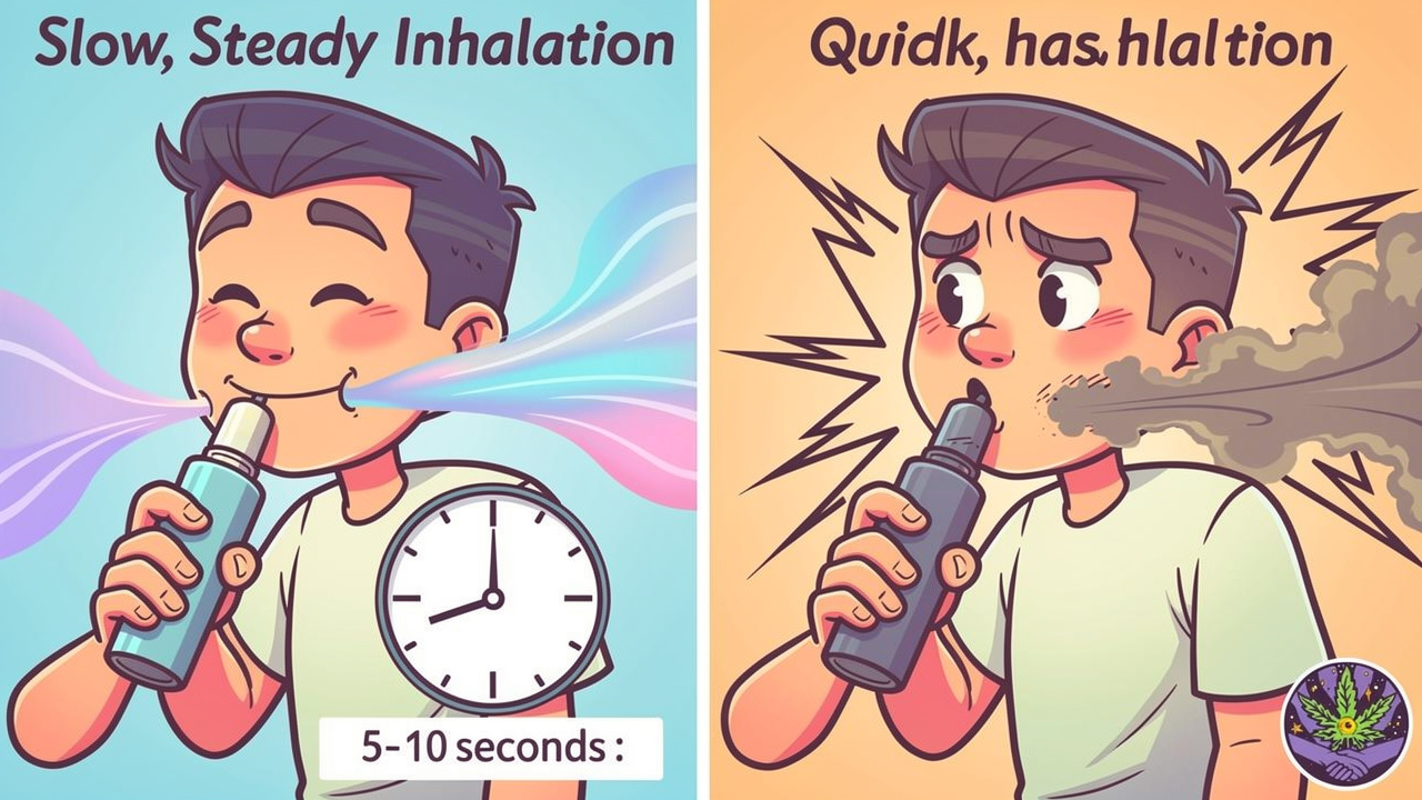 Cartoon showing slow, steady inhalation technique versus quick smoking-style drags