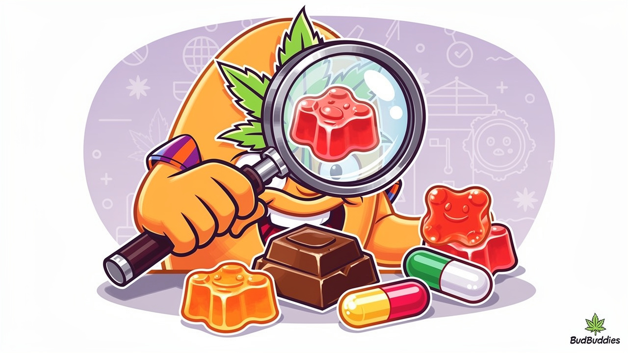 Animated character inspecting edible products through a magnifying glass