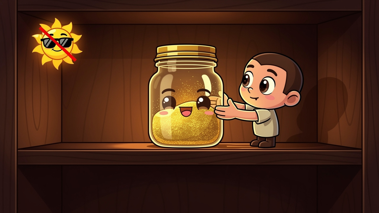 Cartoon glass jar storing golden kief in a dark cupboard