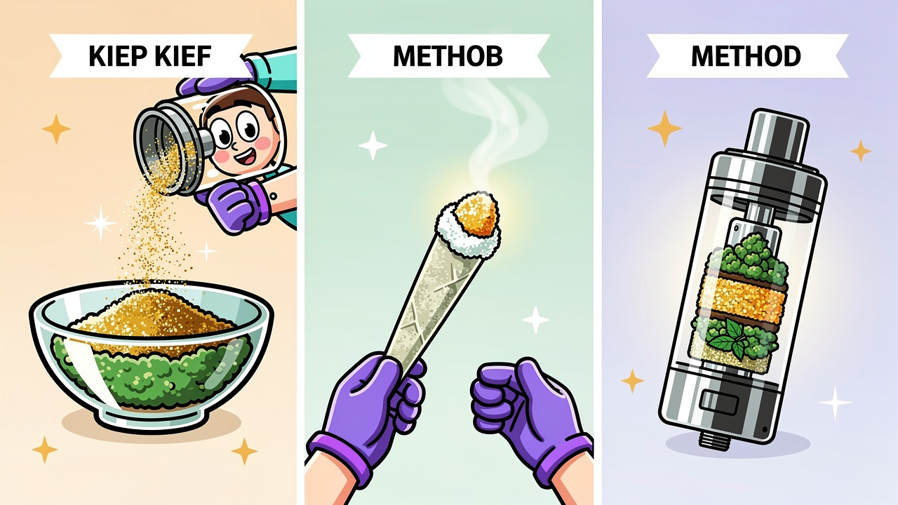 Cartoon scenes showing kief used in bowl, joint and vaporiser