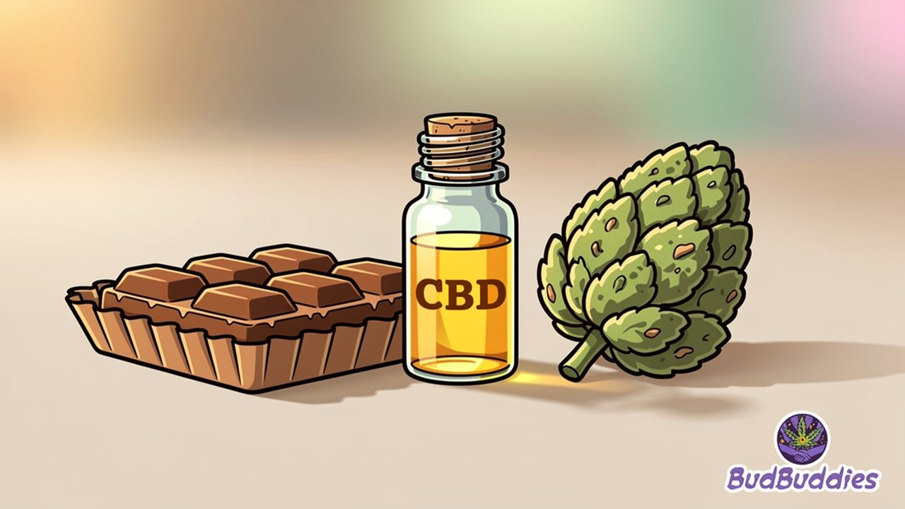 Cartoon illustration of precisely dosed cannabis products in warm lighting