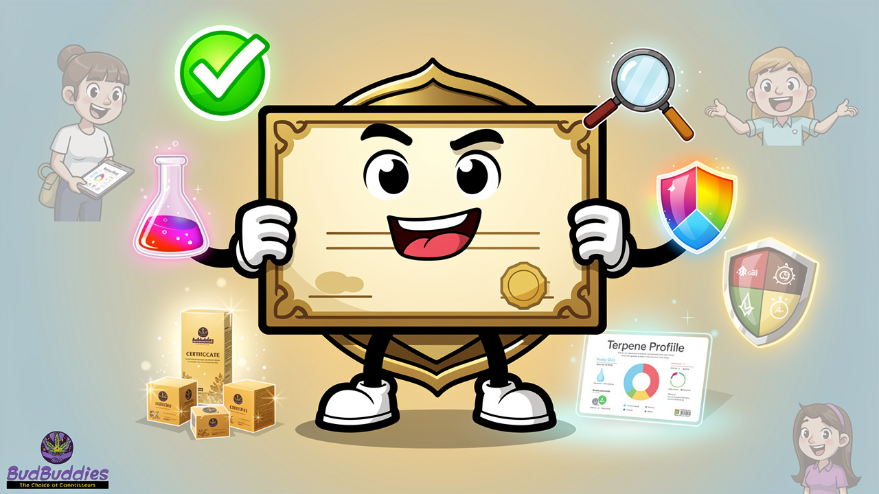 Cartoon certificate character symbolising lab-tested cannabis verification