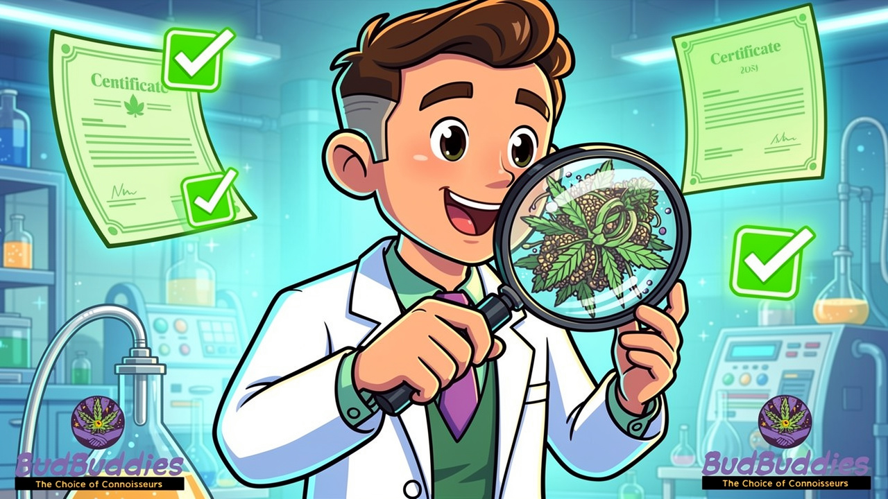 Cartoon scientist examining cannabis flower with laboratory testing equipment