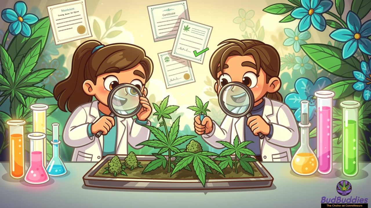 Cartoon scientists conducting lab testing on cannabis samples