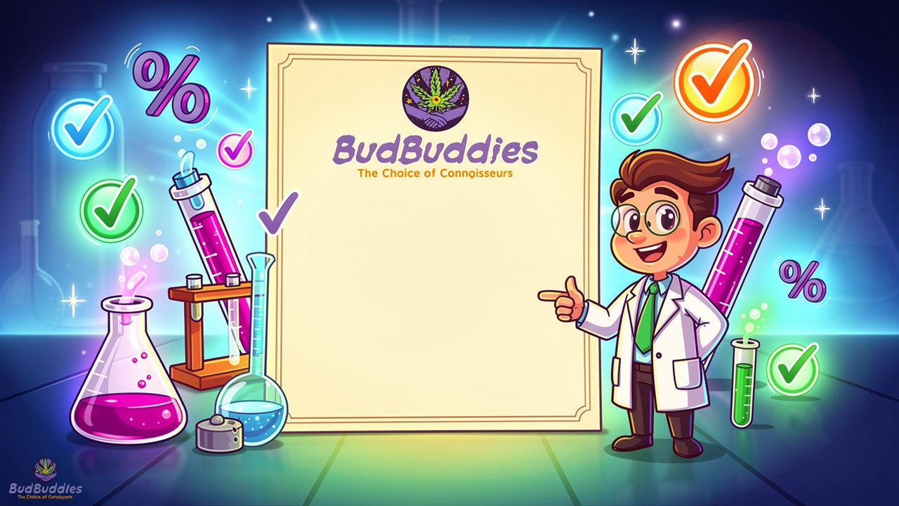 Cartoon illustration of lab testing certificate and quality verification