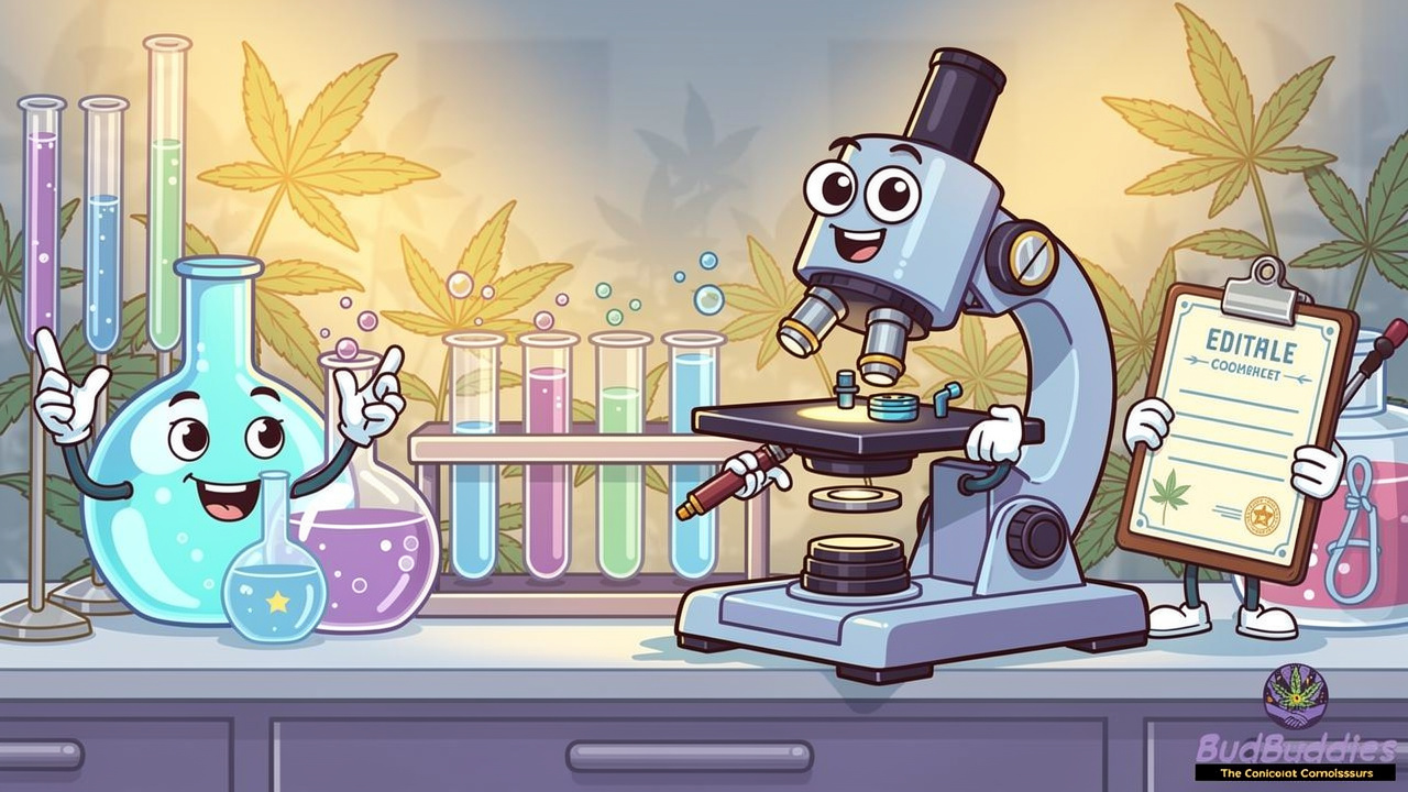 Cartoon laboratory scene with animated testing equipment and certificates