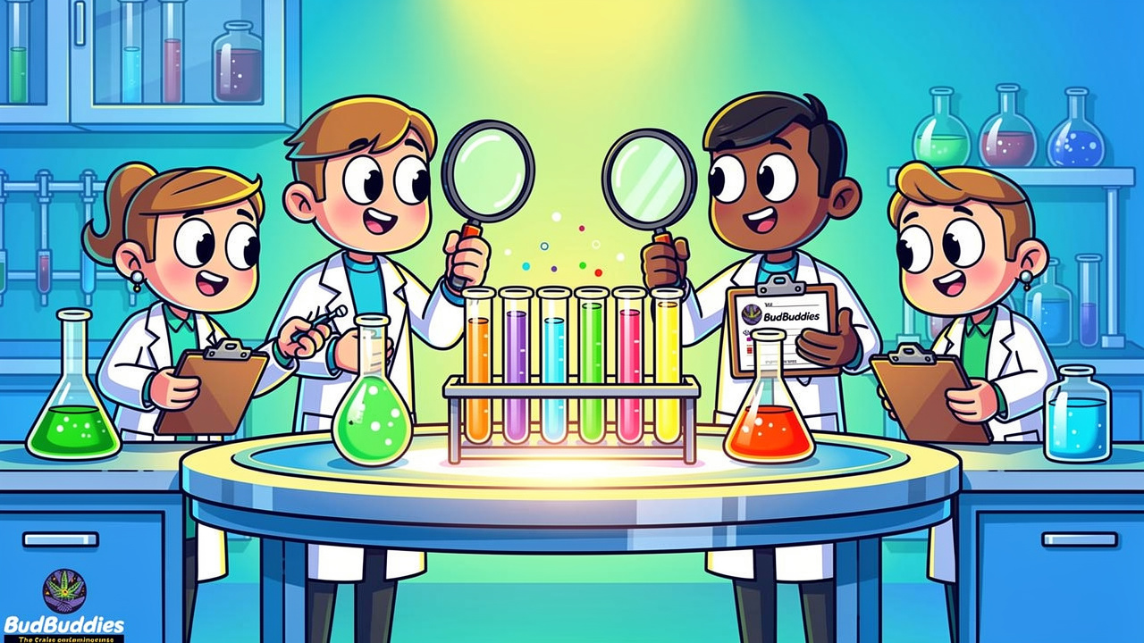 Cartoon laboratory scene with testing equipment and certificates
