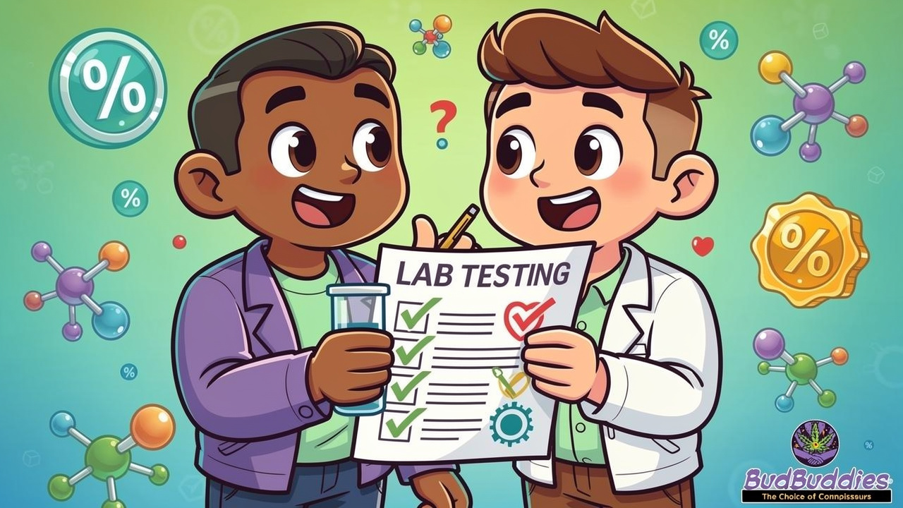 Animated characters comparing detailed cannabis lab test certificates