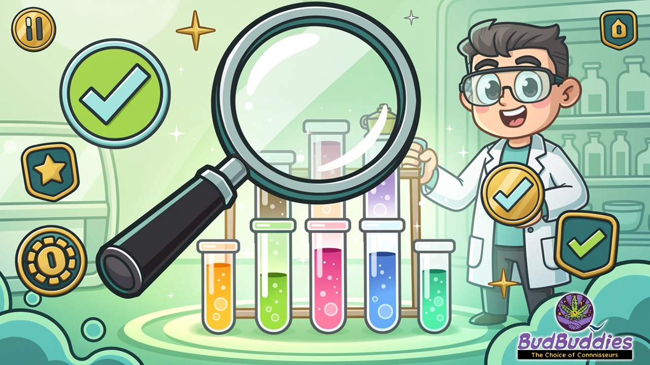 Cartoon lab testing symbols and quality verification imagery