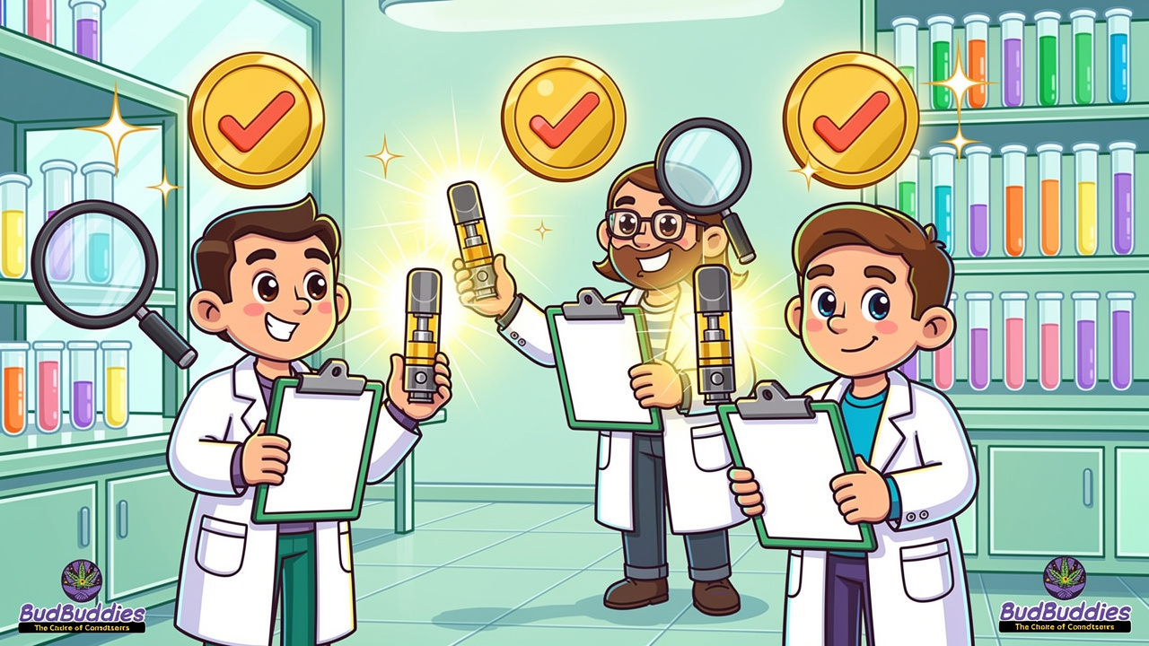 Cartoon scientist examining vape products for quality standards