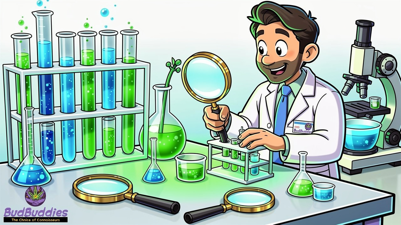 Cartoon scientist examining cannabis quality in laboratory setting