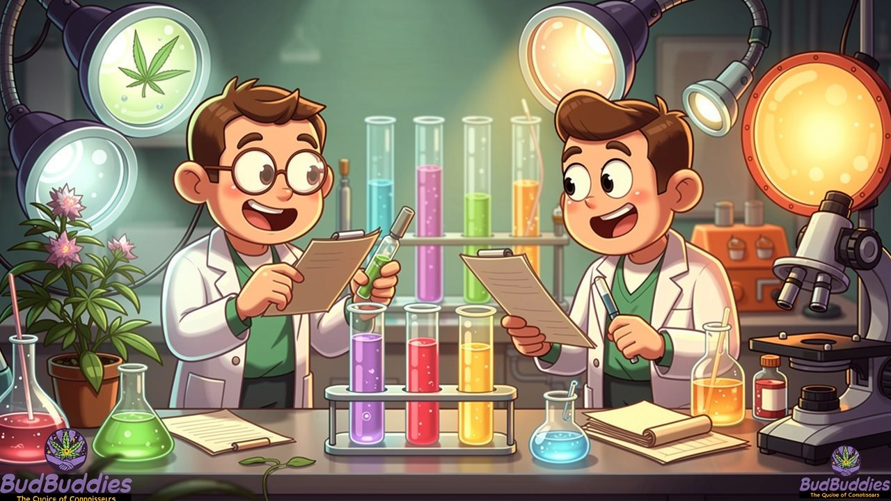 Animated scientists conducting quality testing on cannabis edible products