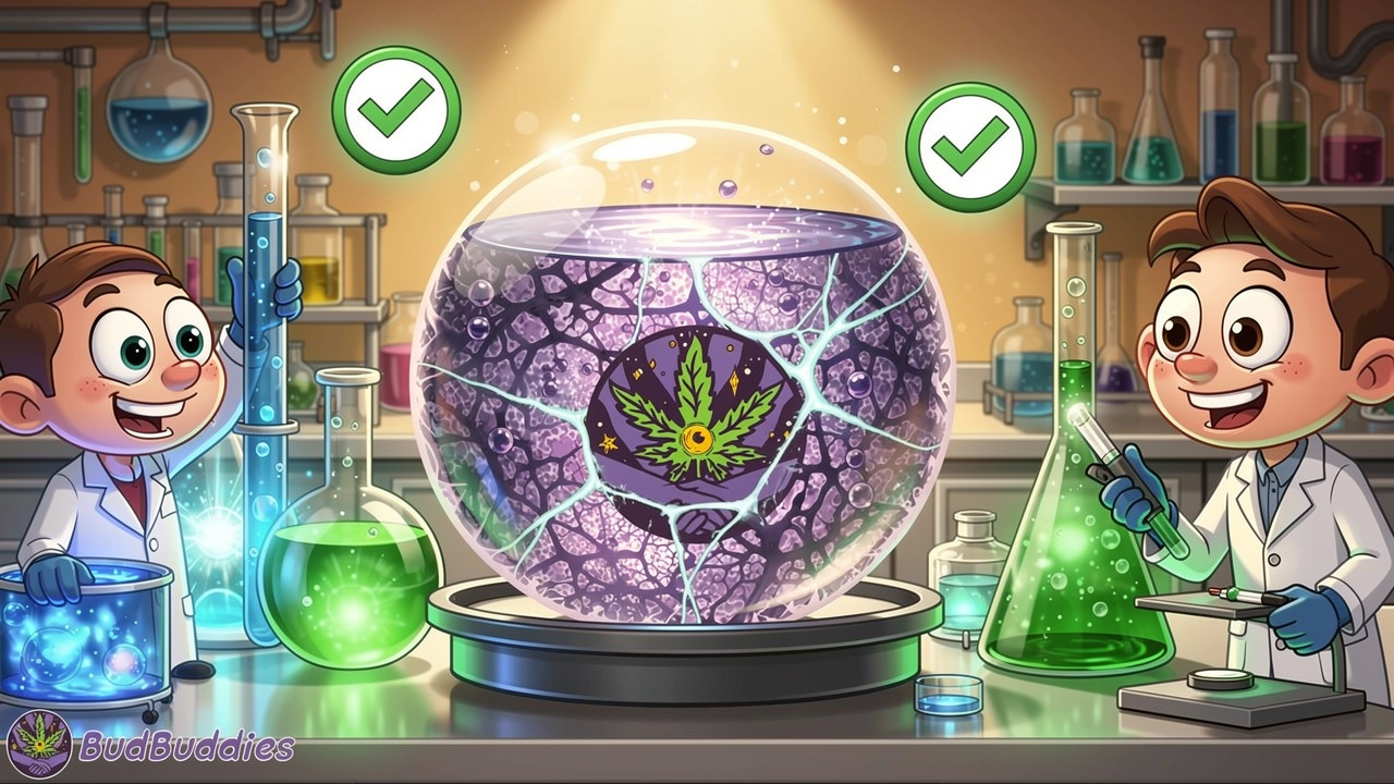 Cartoon lab scene testing cannabis product quality