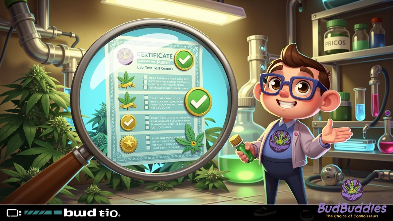 Cartoon magnifying glass revealing laboratory test results and quality symbols