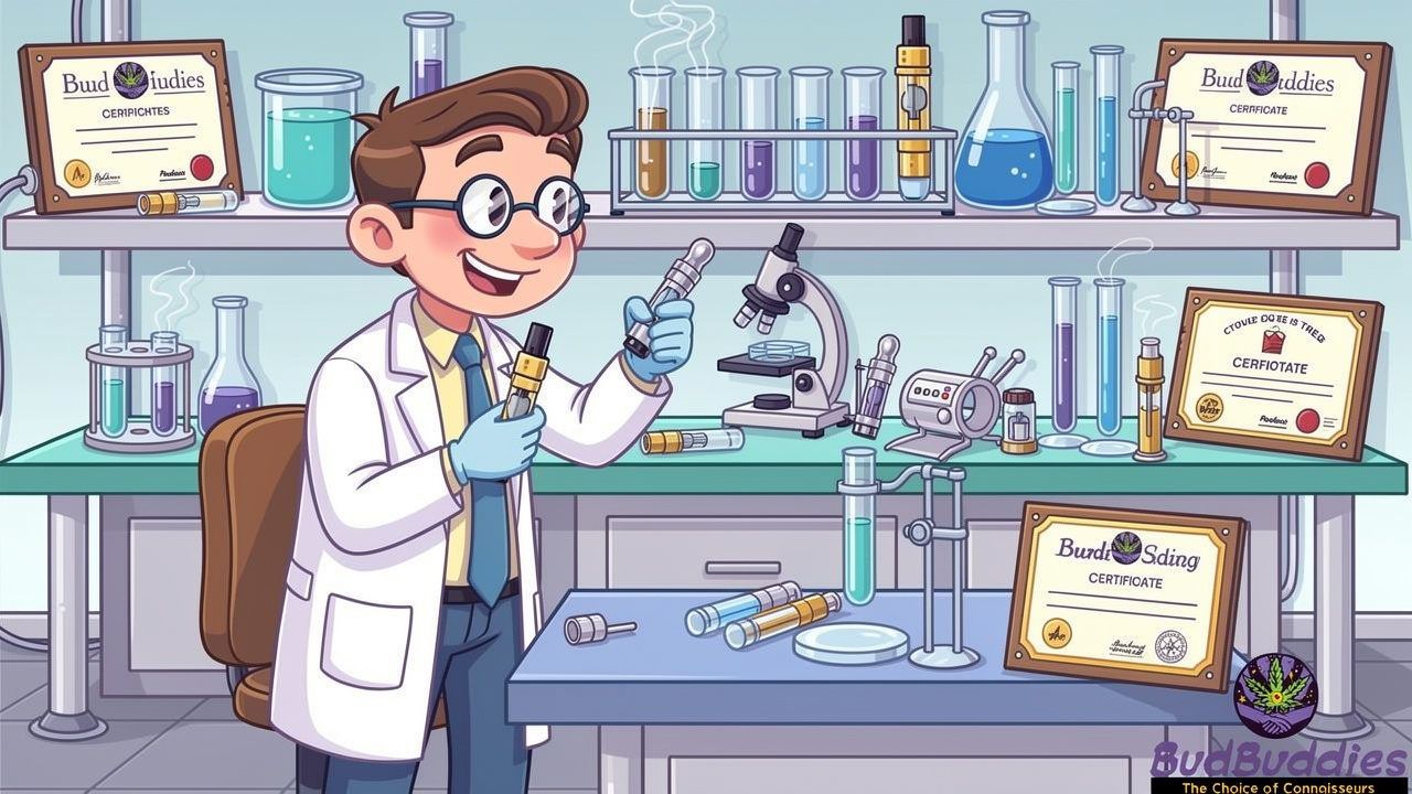 Cartoon scientists conducting lab tests on vape products