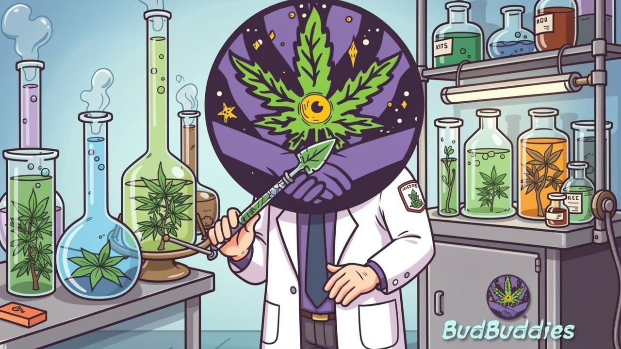 Cartoon scientist conducting quality testing of cannabis products