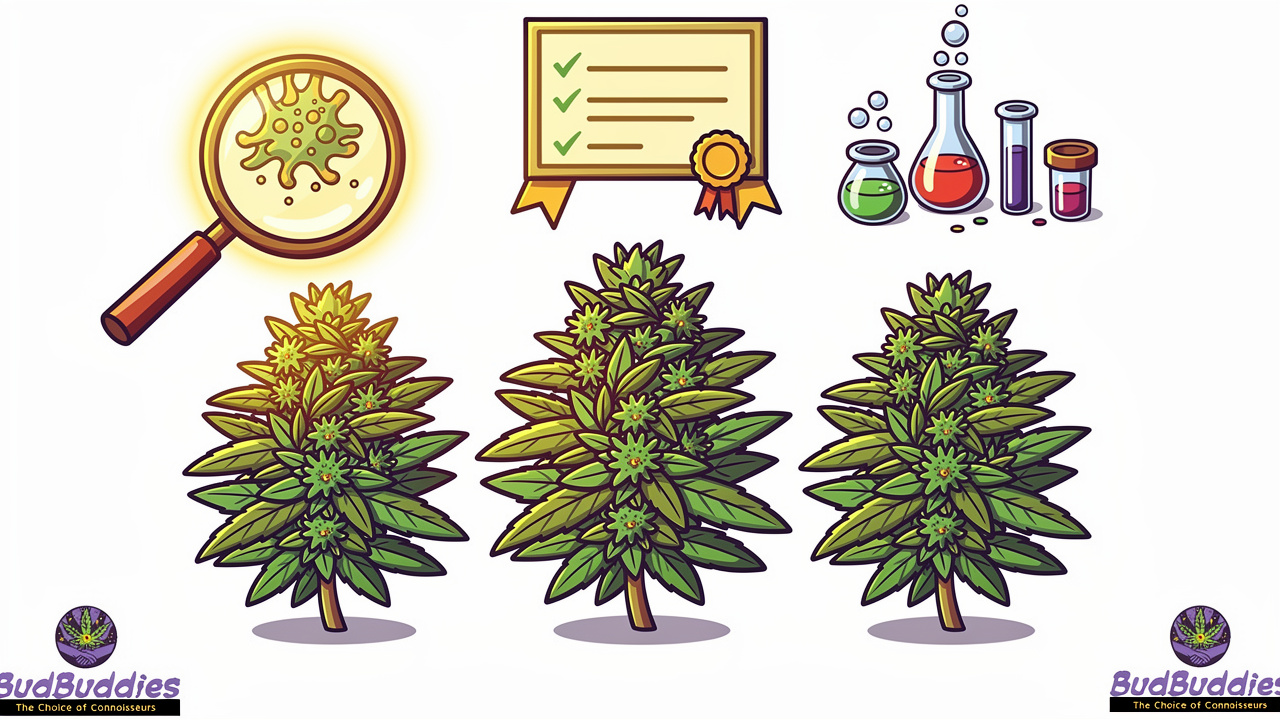 Cartoon flowers showing lab testing, photography quality and certificate analysis