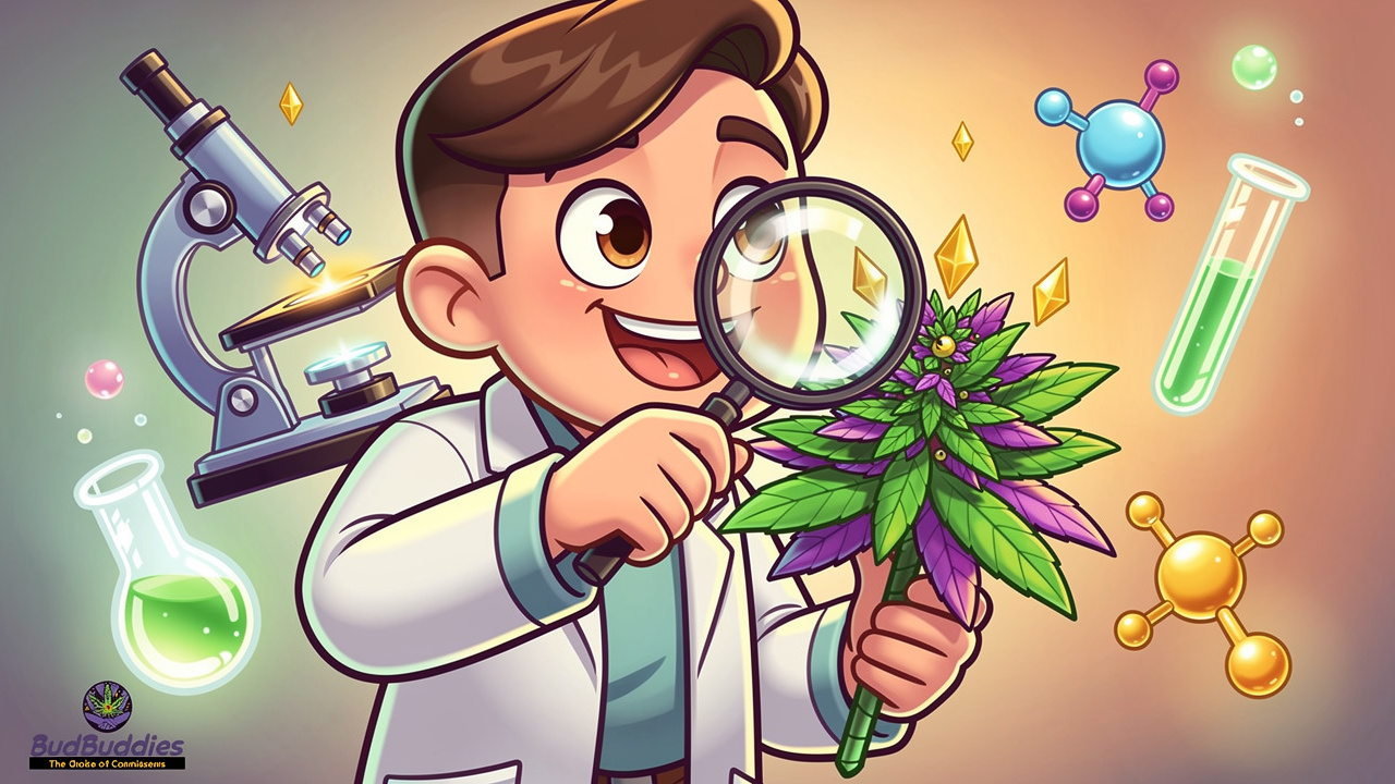 Animated character examining cannabis with laboratory equipment