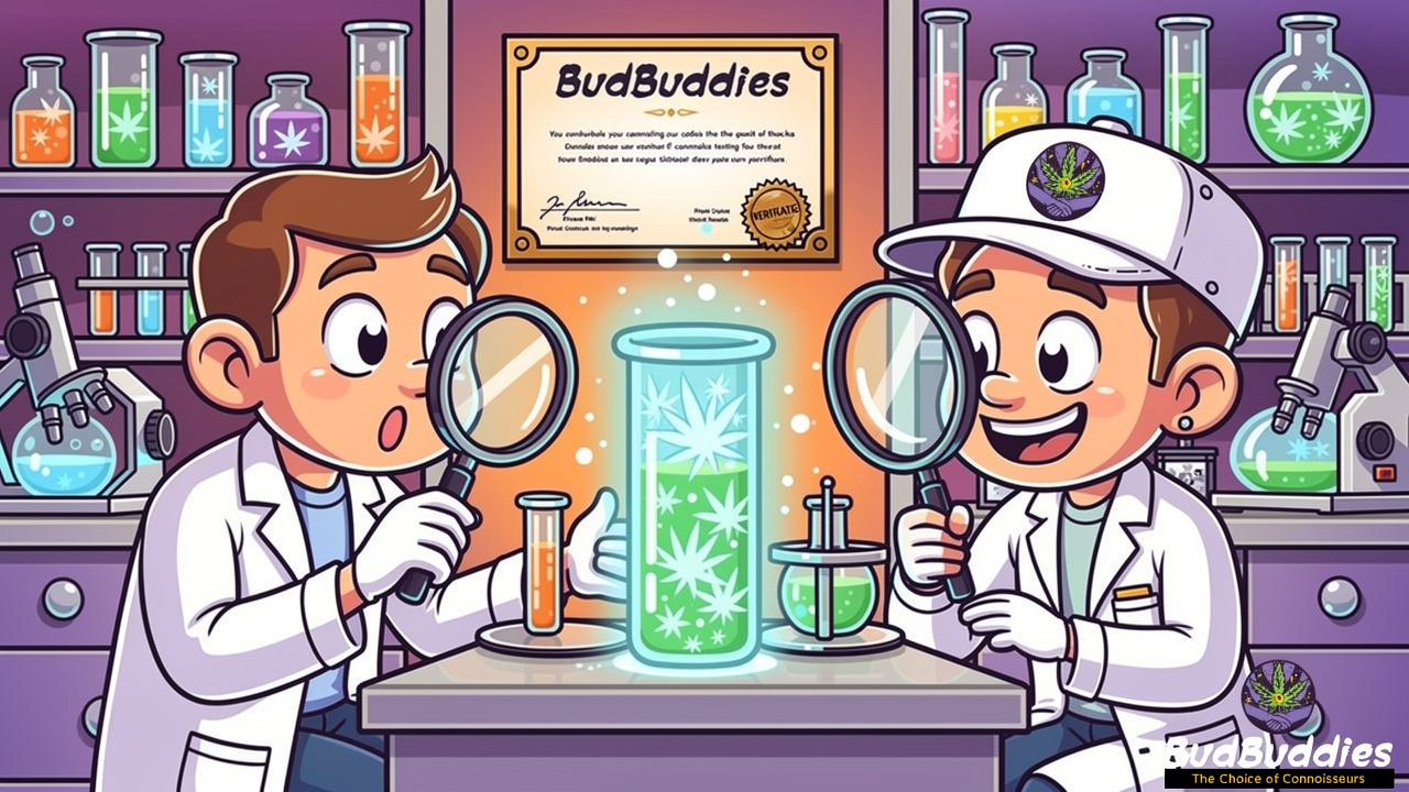 Cartoon lab scene with cannabis product testing and certification