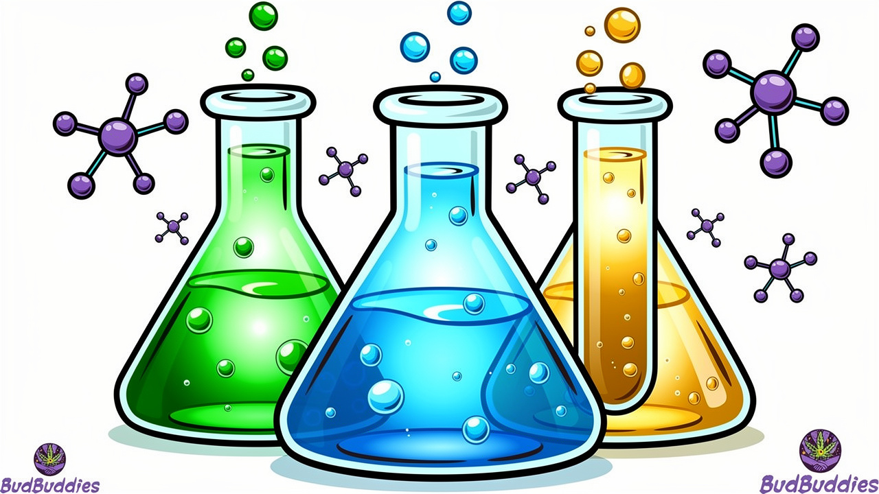 Cartoon laboratory beakers showing cannabis product testing process