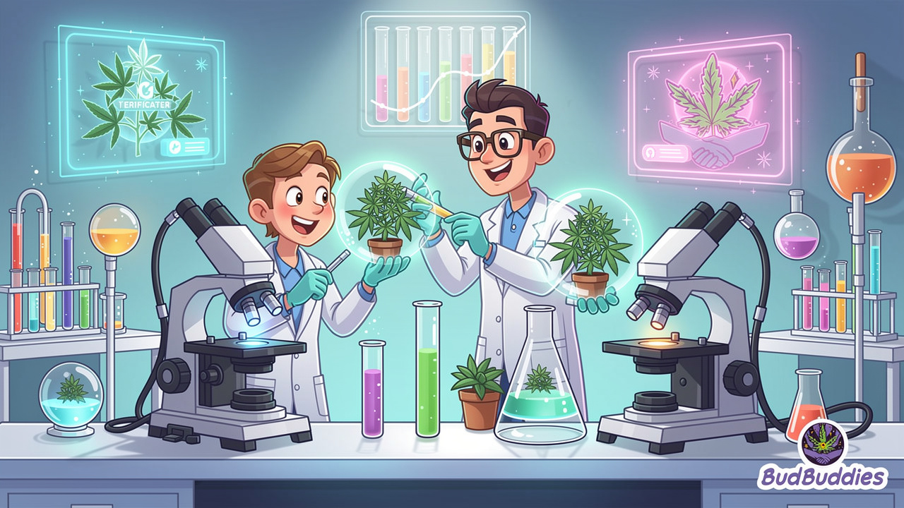 Cartoon laboratory scene showing cannabis quality testing