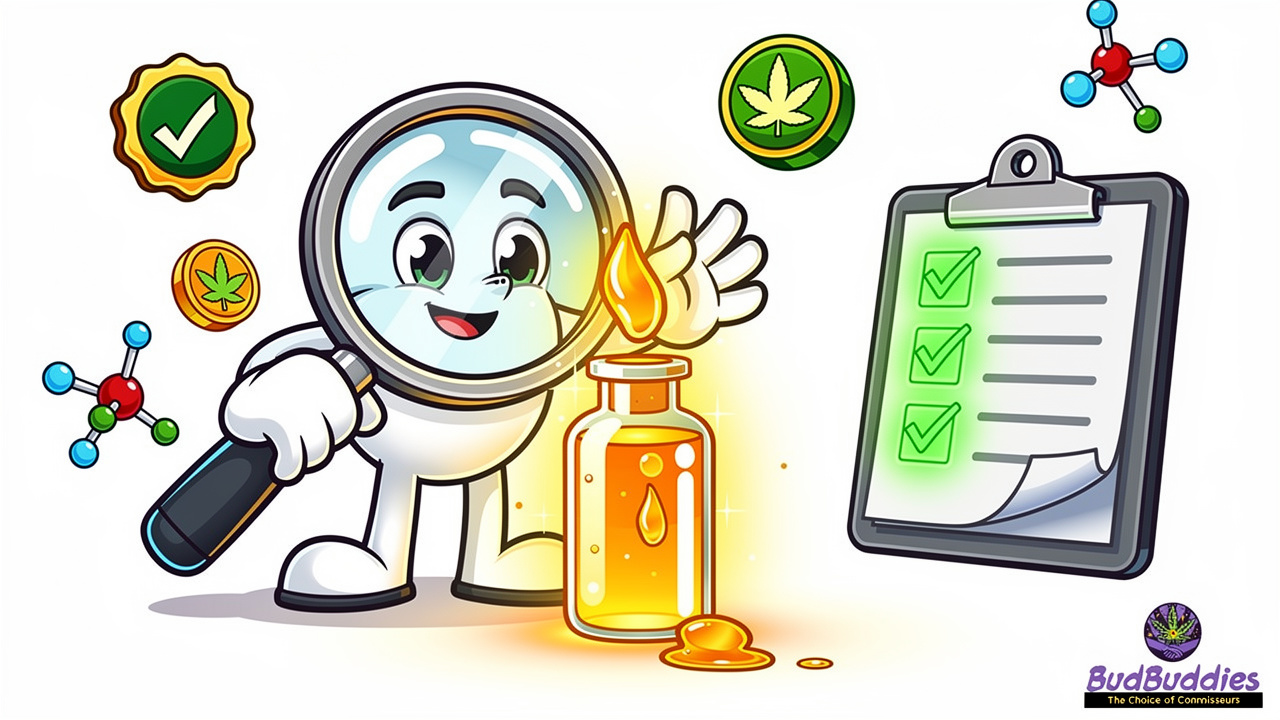 Cartoon magnifying glass examining vape oil with verification badges