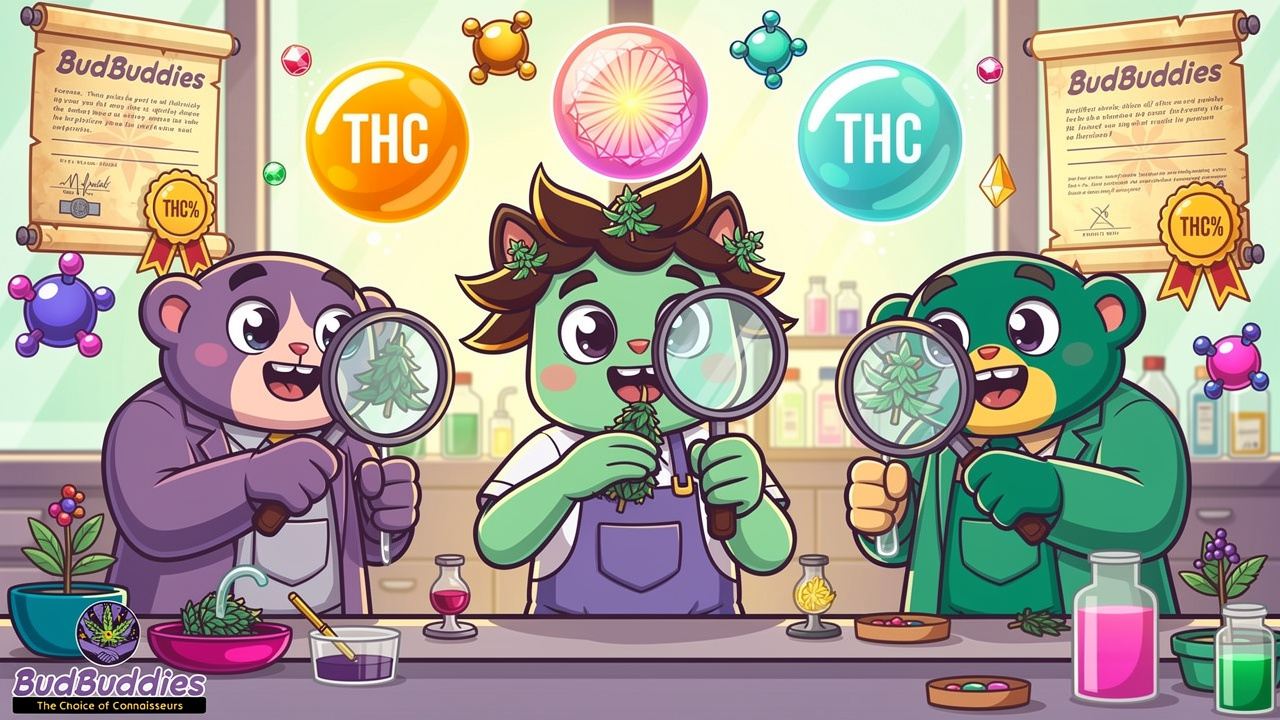 Cartoon characters examining cannabis with lab testing results displayed