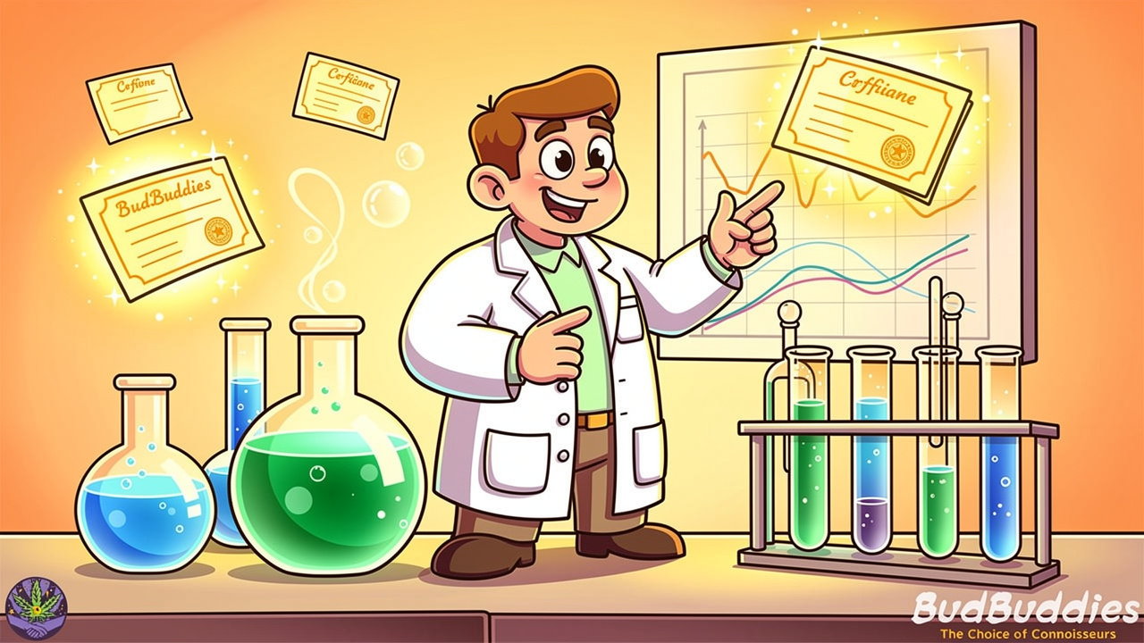 Cartoon scientist with laboratory equipment and glowing test results