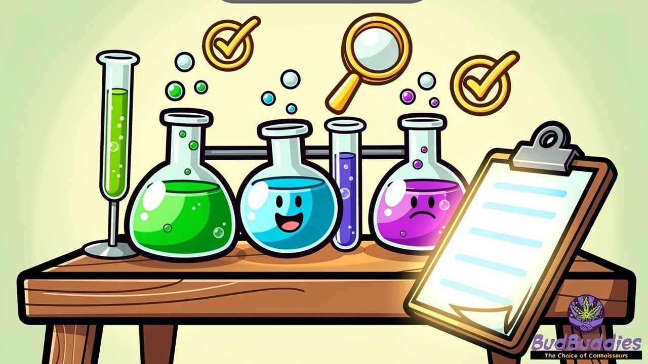 Cartoon laboratory equipment and test tubes with verification symbols