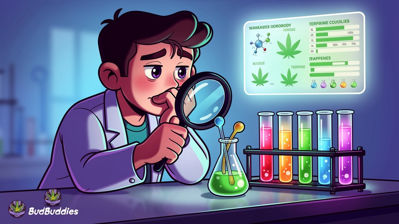 Animated character examining lab test results and scientific cannabinoid data