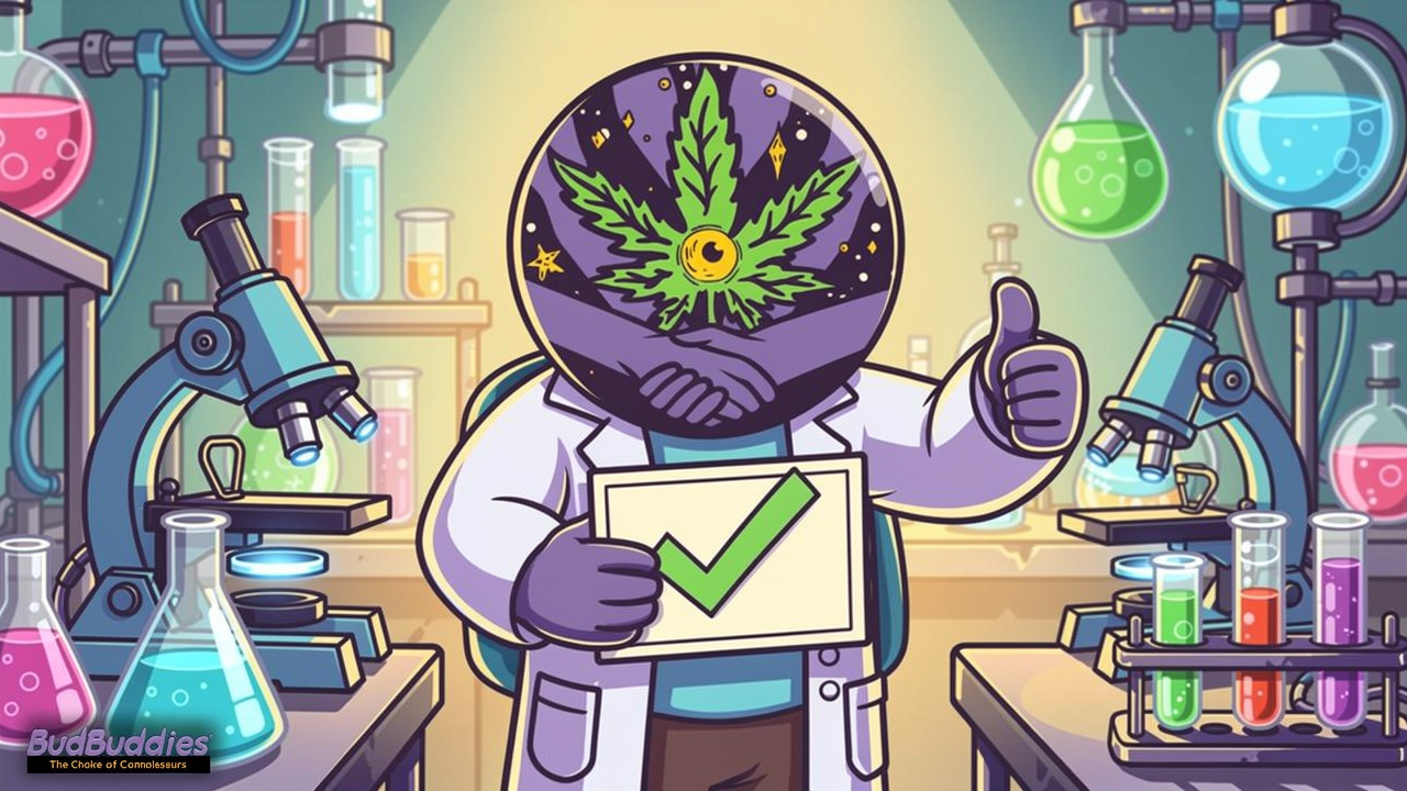Cartoon character displaying lab testing verification with scientific equipment