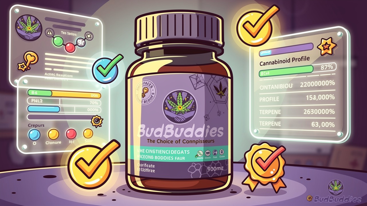 Cartoon depiction of lab-tested cannabis product with verification symbols