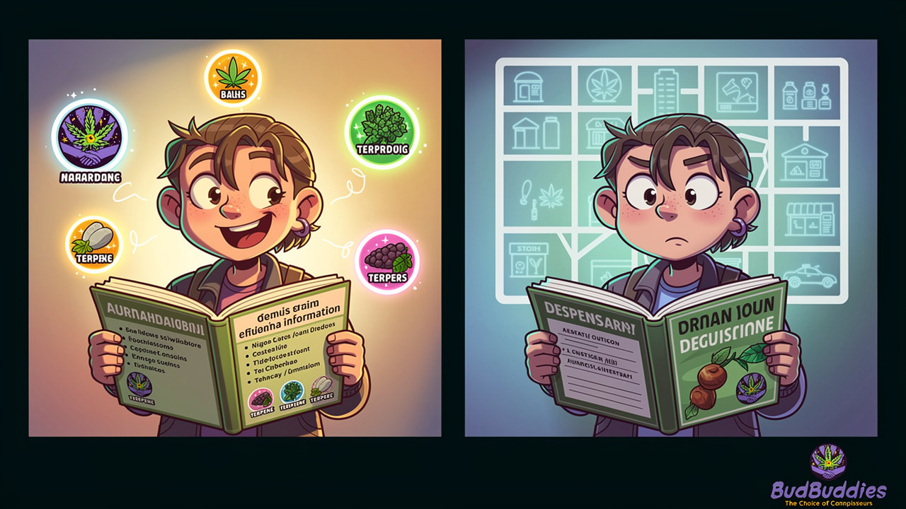 Character reading strain info on one side, confused by empty dispensary finder on the other