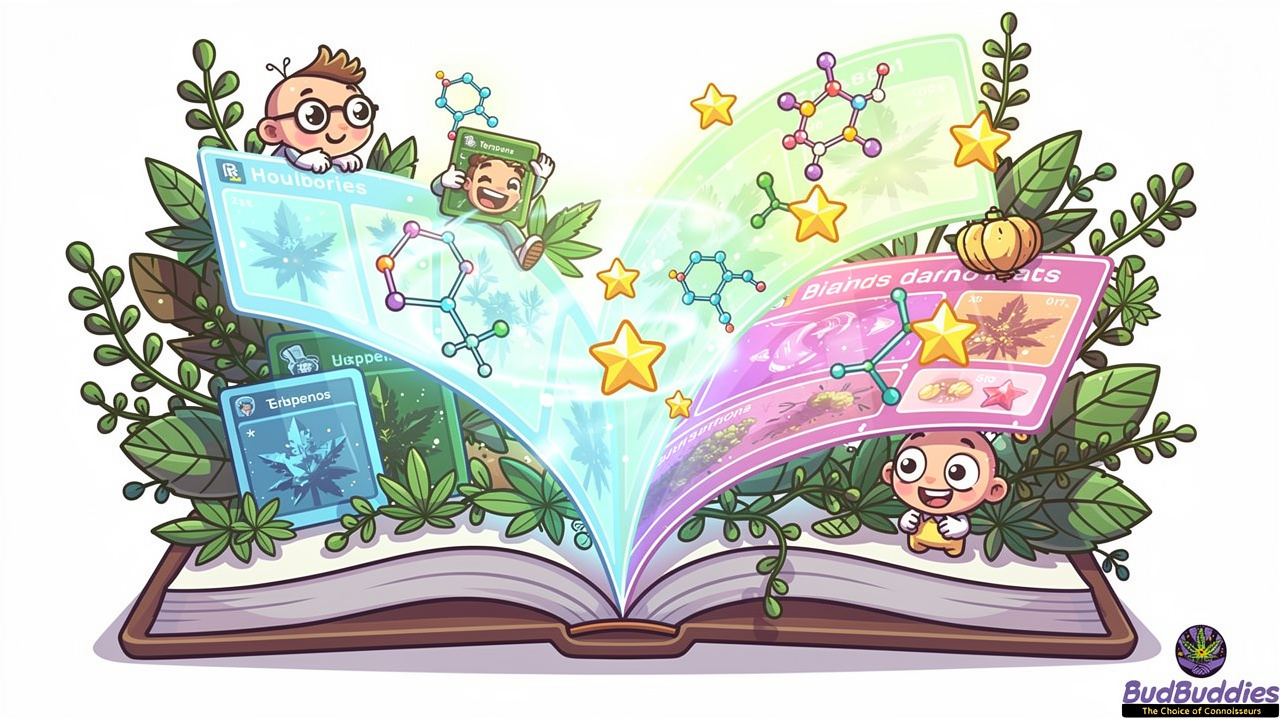 Animated strain database with cannabinoid profiles and user reviews displayed