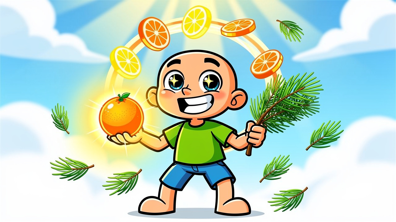 Cartoon character holding citrus and pine for daytime relief