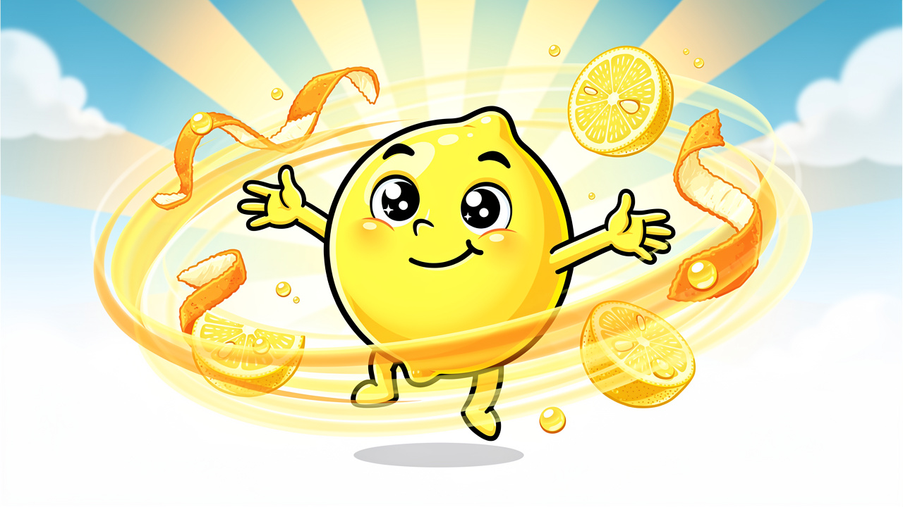 Bright cartoon limonene character conveying uplifted clear-headed stress relief