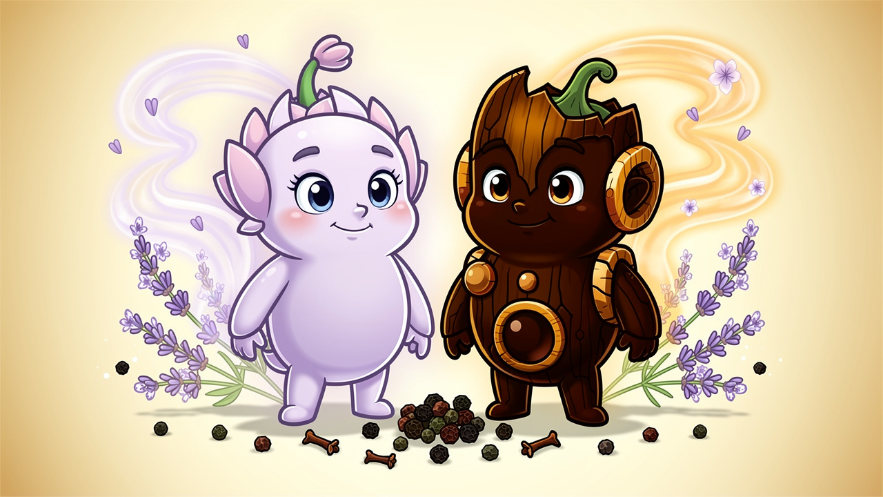 Cartoon linalool and beta caryophyllene characters for stress and anxiety calm
