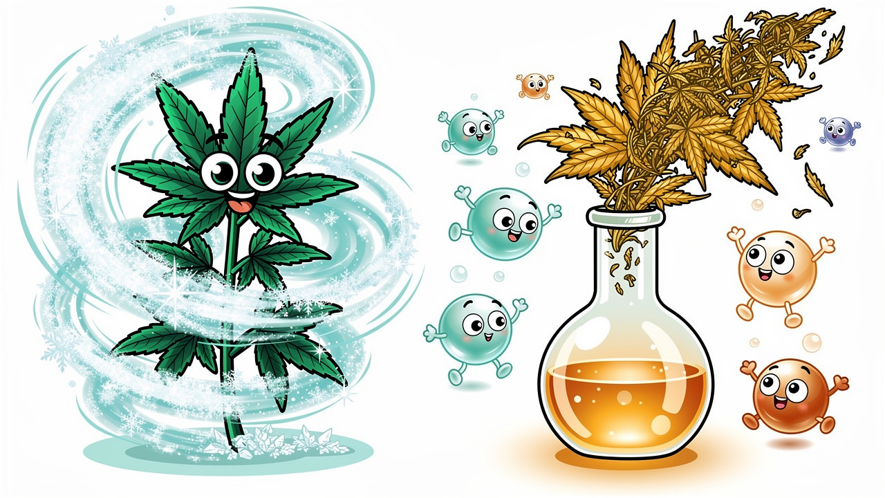 Cartoon showing live resin and distillate cannabis extraction processes