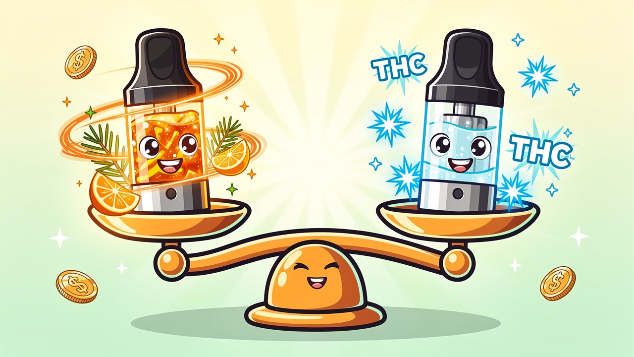 Cartoon balance scale comparing live resin and distillate cart value