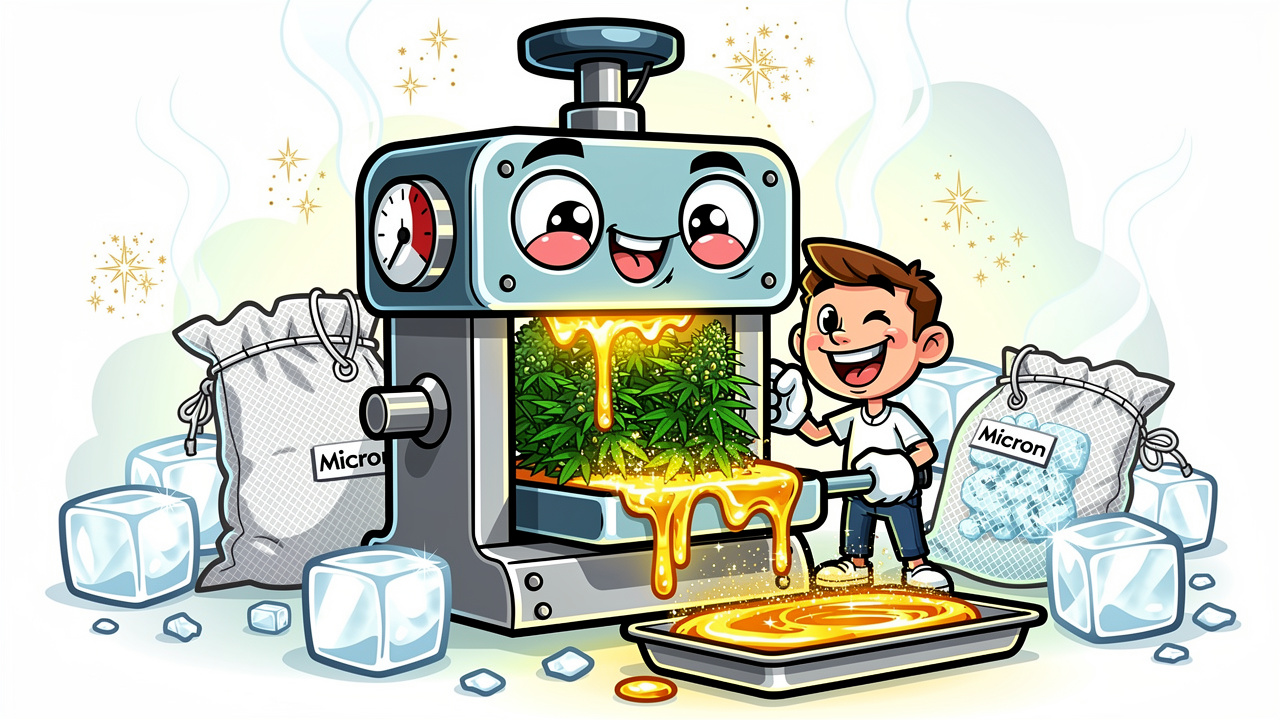 Cartoon showing the solventless live rosin extraction process