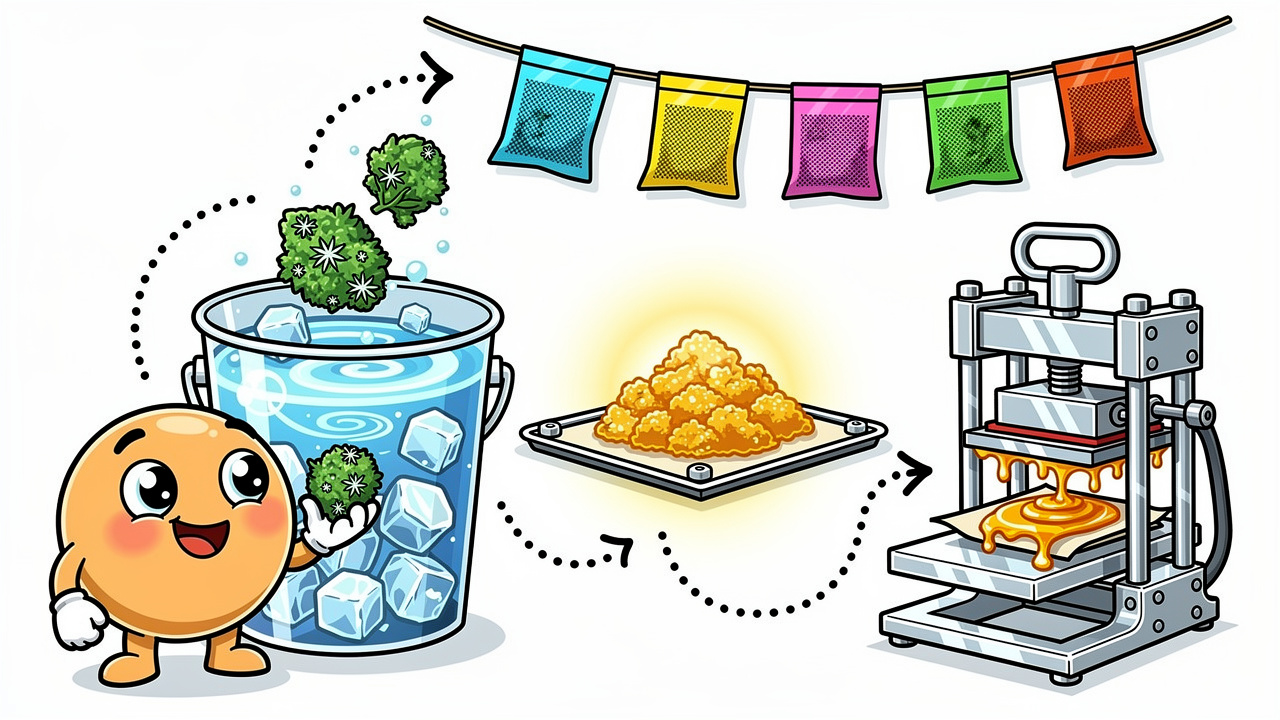 Cartoon illustration of the live rosin extraction process