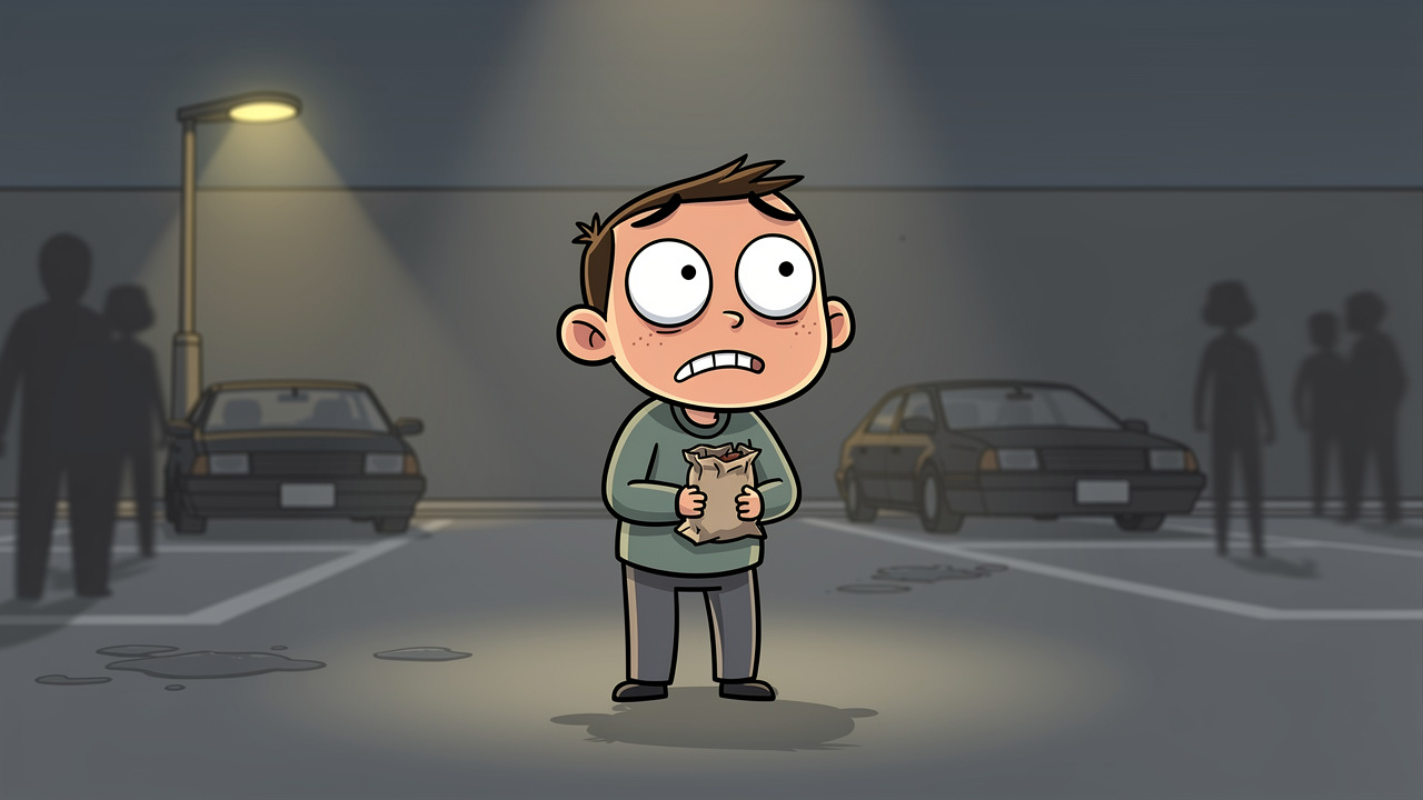 Cartoon character looking anxious during a sketchy local deal