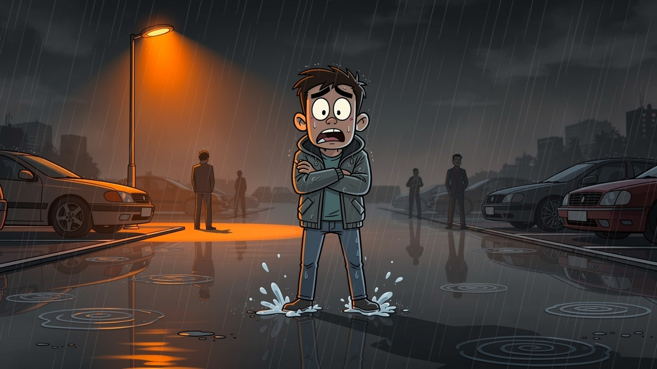 Cartoon character looking worried in dark car park at night