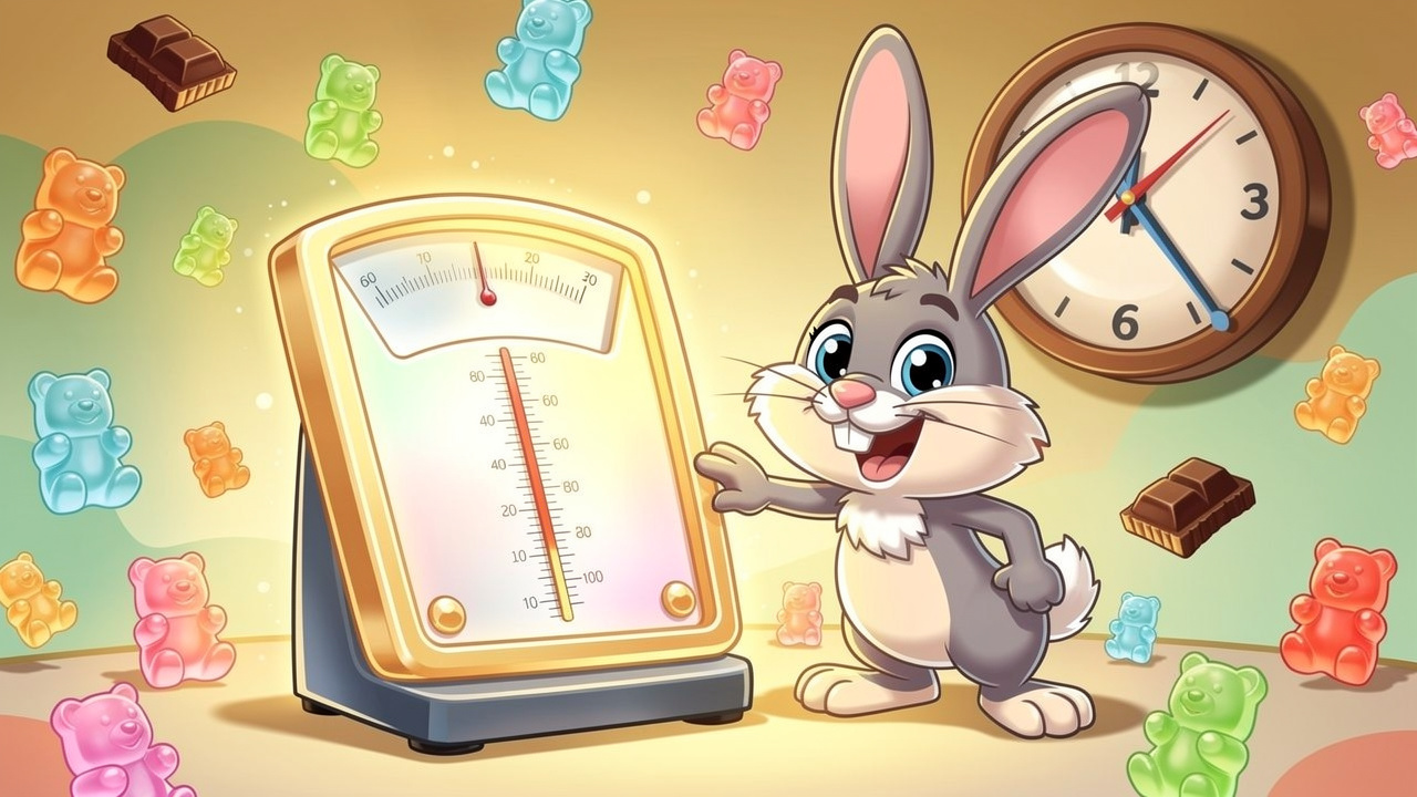 Cartoon rabbit measuring low dose edible portions carefully