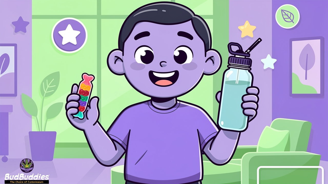 Cartoon character choosing low-odour vape and edible cannabis formats